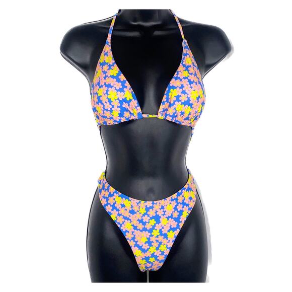 New Medium Floral Daisy Blue Print Triangle Bikini Halter Triangle Swimsuit Y2k - Picture 2 of 4